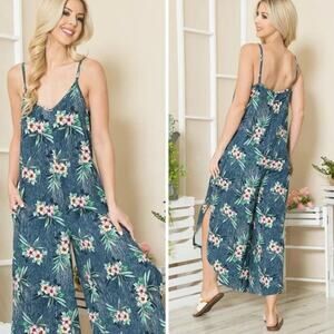 🌟Orange Farm Floral Pattern Side Slits Sleeveless Pockets Jumpsuit | Size XL
